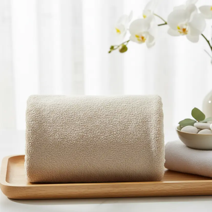 Conceptual spa mat and folded towels in soft light