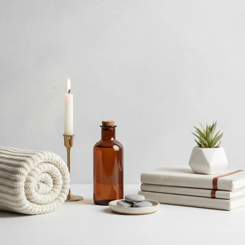 Aromatic oil bottles and fresh botanicals arranged beside a spa towel