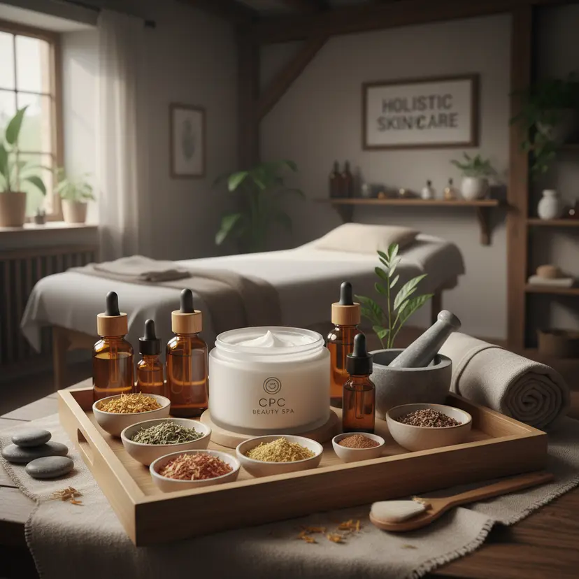 Tropical leaves and stones styled on a wooden tray in a spa setting