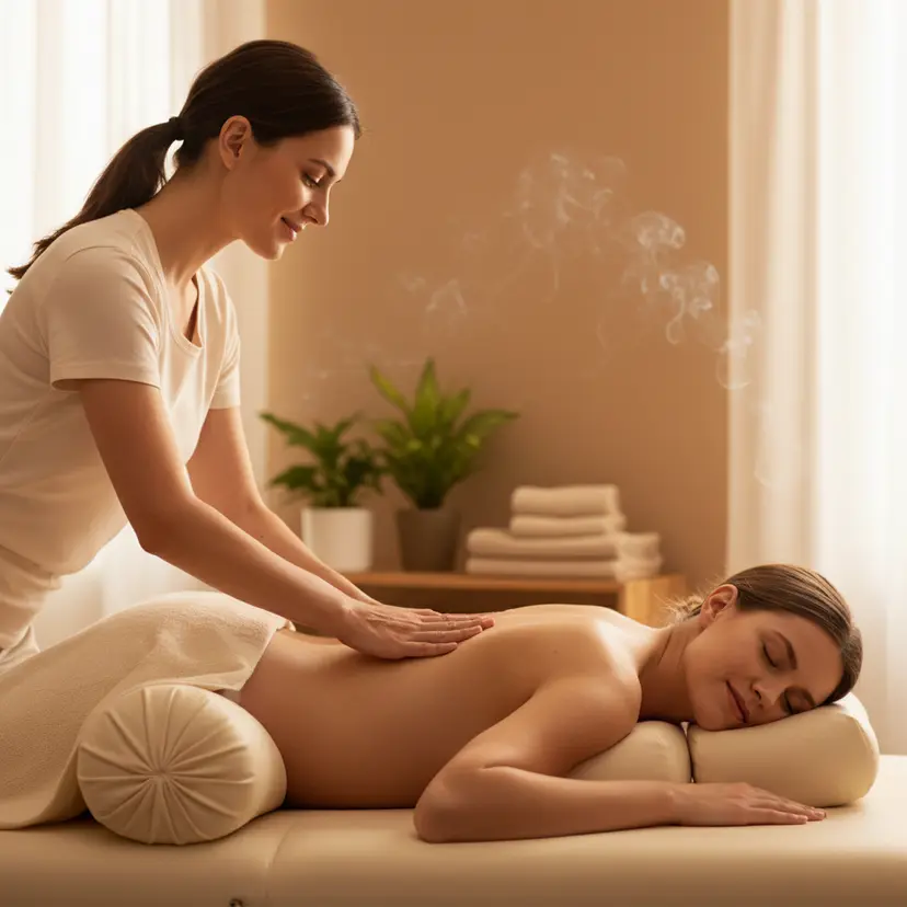 Therapist performing a firm-pressure massage on a client’s back in a softly lit room